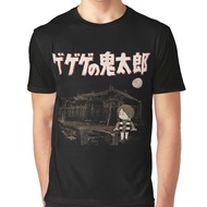 Men's 100% Cotton Round-Neck Short-Sleeve T-Shirt with 【GeGeGe no Kitaro】Cartoon Print