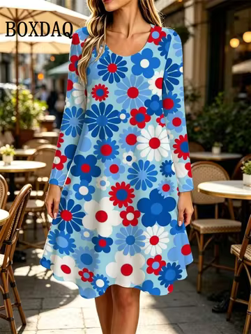 2026 Autumn Dresse For Women Loose Plus Size Long Sleeve Dress Casual Women's Fashion O-Neck Flowers