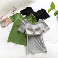 Woman 2 in 1 bra top Casual Integrated Short-Sleeved Cotton T-Shirt with Chest Pad