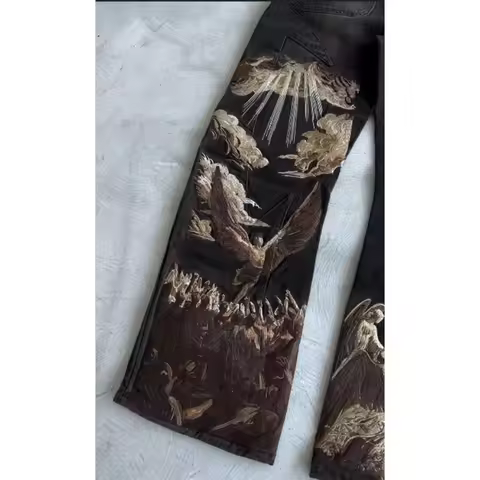 American loose jeans personalized bat pattern print street Y2K pants lazy jeans casual straight pant