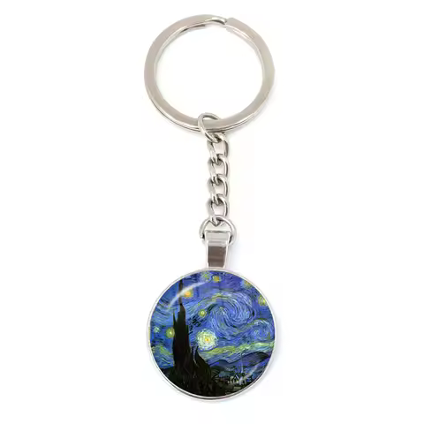 Fashion Starry Night Van Gogh Sunflower Round Glass Dome Van Gogh Art Oil Pendant Keychain Jewelry A
