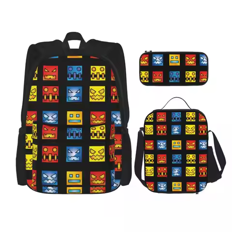 3pecs/set Icon Face App Fun Backpack Back To School Geometry Dash Laptop Computer Canvas Bags Lunch 