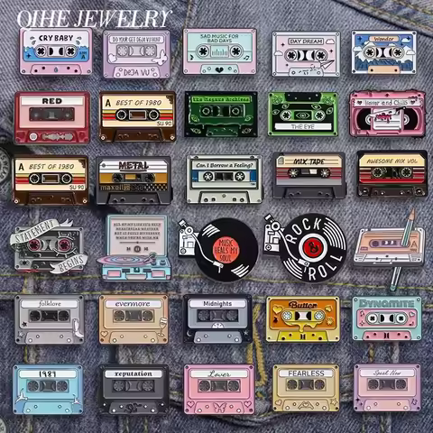 80s 90s Retro Music Cassette Tape Collection Enamel Pins Vintage Nostalgic CD Card Brooches Lapel Ba