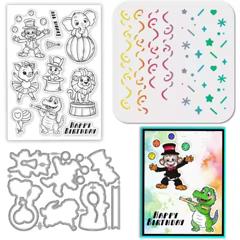 Circus Animals Clear Stamps Metal Birthday Ribbon Cutting Die Cuts Funny Animal PET Paint Craft Sten
