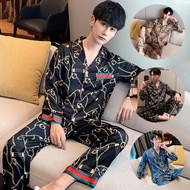 GO THRU ชุดนอนแขนยาวสำหรับผู้ชายชุดนอนผ้าไอซ์ซิลค์ทรงหลวมแบบบางไซส์ใหญ่ใส่ได้ทั้งในบ้าน