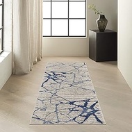 Calvin Klein River Flow Modern Abstract Ivory Blue 2'3" x 7'3"Area Rug, (7' Runner)