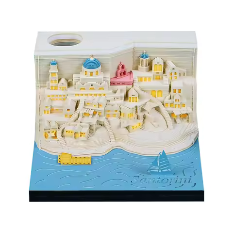 Omoshiroi Block 2025 Calendar 3D Notepad Block Santorini 3D Art Calendar With Led Memo Pad Paper Not