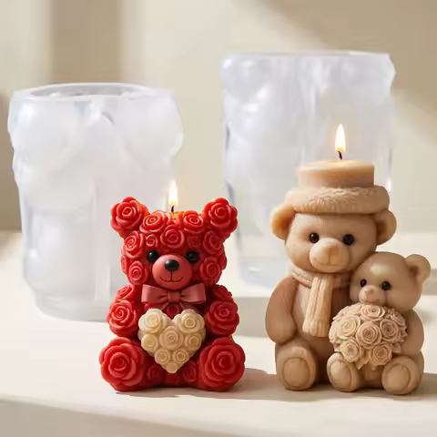 3D Rose Bear Silicone Candle Mold Heart Rose Flower Bear Aromatherapy Soap Gypsum Craft Mold Valenti