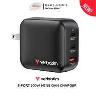 Verbatim 100W Mini GaN 3-Port Charger 2 USB-C PD 100W QC 3.0 UK EU Plugs Compact 165g