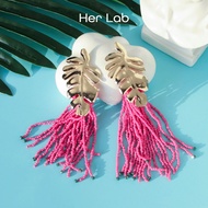Her Lab Jewelry | Retro Châu Âu và phong cách Mỹ hợp kim hình chiếc lá bông tai dài hình hạt gạo tua