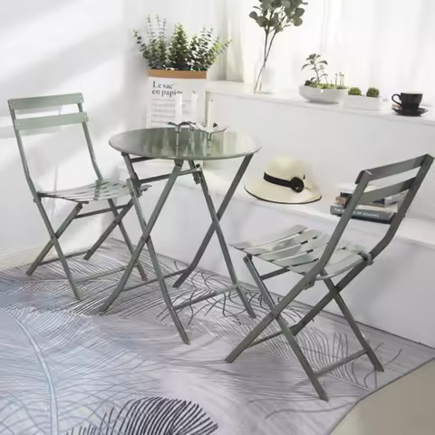 Outdoor dark green folding table and chair set of 3 pieces, terrace balcony small bar leisure round 