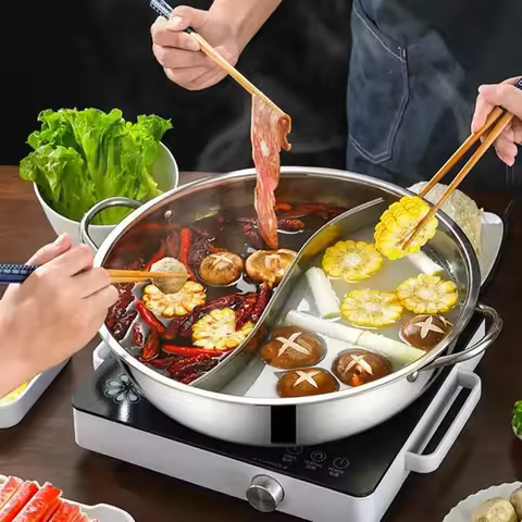 28cm Stainless Steel Twin Divided Double Pot Hotpot Cooker Gas Stove Compatible Pot Chinese Hot Pot 
