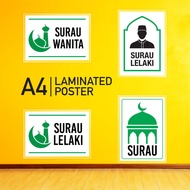 [Laminated Poster] A4 Size Papan Tanda Signage Surau/ Surau Lelaki & Wanita
