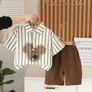 Baju setelan anak laki laki katun Anak kecil Pakaian anak setelan fashion garis kemeja fashion Pakai