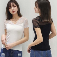 Korean Modal Spliced Lace Short Sleeve T-Shirt Matching Women V-Neck Tops T-Shirt