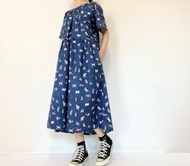 與主子出門 純棉貓咪半袖連身裙 海軍藍 寬鬆版　日本製　手工