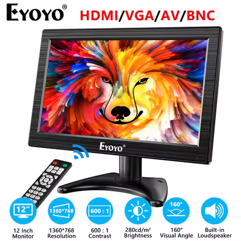Eyoyo Portable Small TV 12" LCD Monitor Remote Control 1360x768 With VGA BNC AV HDMI Input USB Exter