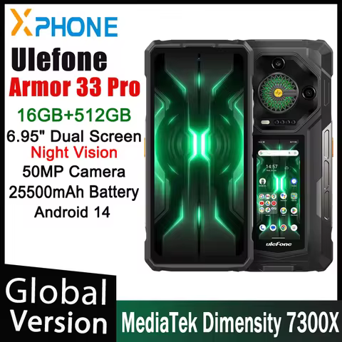 Ulefone Armor 33 Pro Rugged Phone 5G Dual Screen 6.95" 120Hz 16GB+512GB 25500mAh Battery 66W 64MP Ni