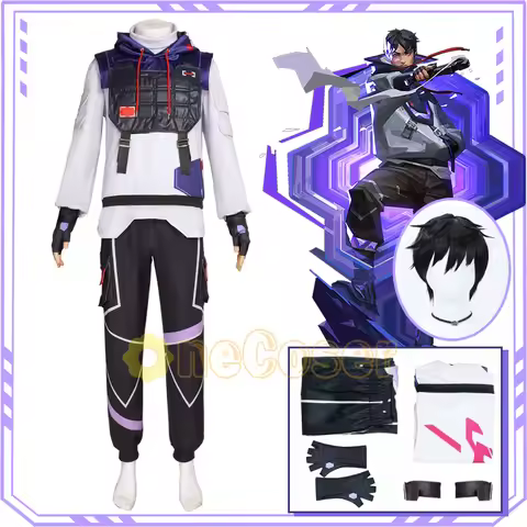 Game Valorant Iso Cosplay Costume Wig ISO Black Hair Hooded Sweatshirt Pants Top Uniform Gloves Acce