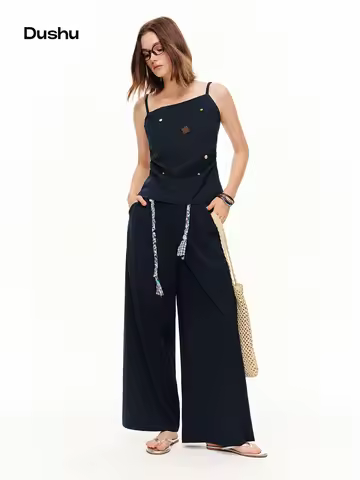 DUSHU Women Coastal Wander Leisure Fashion Outfit | 2026 Summer New French Holiday Camisole & High W