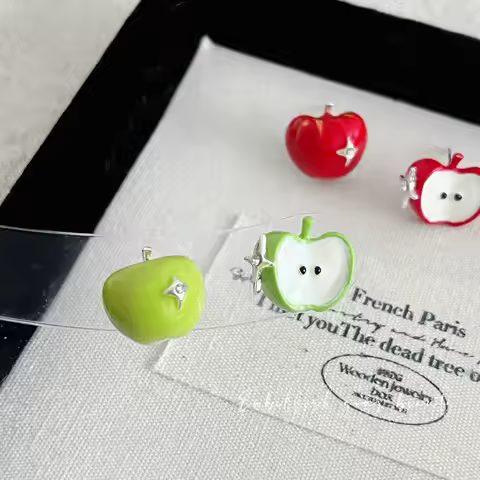 Green Apple Paradise Cute Glaze Apple Earrings for Women, Unique Design, Sweet Studs, Fashionable an