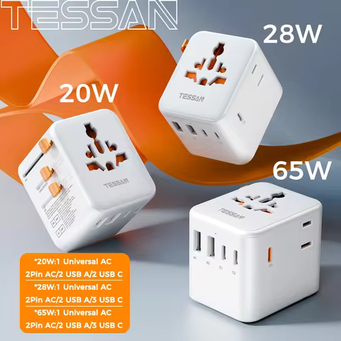 TESSAN GaN Universal Travel Adapter with USB Ports 65W 28W 20W International Plug Adapter Compact Wo