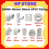 32MM/ 40MM/ 50mm UPVC Fitting Paip Sinki Dapur, Paip PVC Putih Elbow Socket Tee UPVC End Cap PVC Pipe Putih