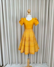 N742 ชุดเดรสผ้าทอลาย แขนกลีบบัว คอหัวใจ กระโปรงบาน 8 ชิ้น อัดกาวทั้งชุด..🎀