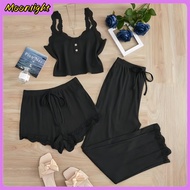 Women 3-in-1 Ribbed Knit Pajama Set Sleeveless Lace Trim Loungewear Set with Shorts & Pants