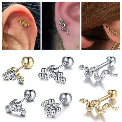 1PC Stainless Steel Zircon Ear Piercing Earring for Women Snake Ear Studs Cartilage Earring Helix Co