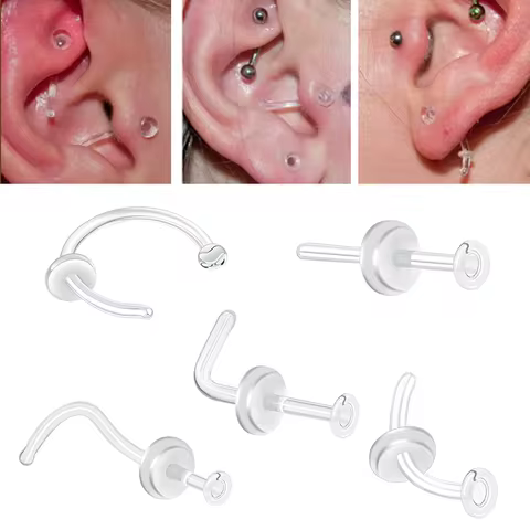 1/5PCS Glass Nose Stud Transparent Glass Straight Nose Screw Ring Retainer Holder Nose Hoop Ring Bod