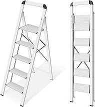 KINGRACK Aluminium 5 Step Ladder, Lightweight Step Stool with Non-Skid Pedals, Handrail, Foldable Step Ladder for Kitchen, Garage, Home, Space Saving, Sturdy and Portable, Silver