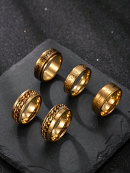 5 Pieces Fashionable Design Stainless Steel Splicing Text Romaji Elements Decoration Men'S Ring Set 