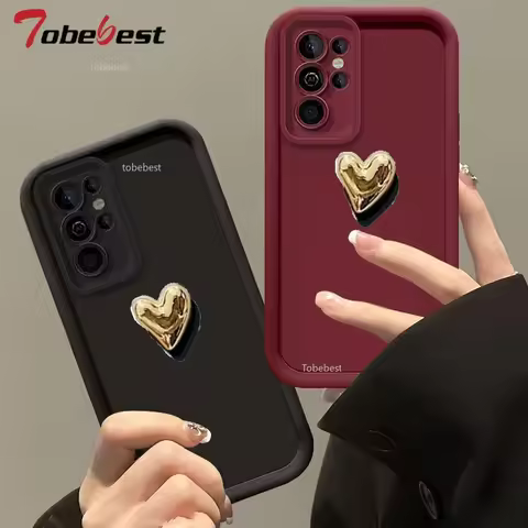3D Gold Heart Silicone Case For Samsung Galaxy S25 S24 S23 S22 S21 S20 Ultra FE Plus 5G Solid Color 