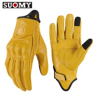 Suomy ถุงมือขับรถมอเตอร์ไซด์สำหรับผู้ชายและผู้หญิง ถุงมือรถวิบากถุงมือรถจักรยานยนต์หนังสีเหลืองย้อนย