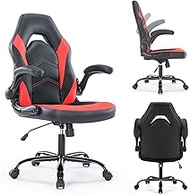 ZUNMOS PU Leather Office Flip-up Armrest with Soft Padded Height Adjustable Desk Computer Lumbar Support Swivel Chair for Gaming, Working, Studying, Black and Red