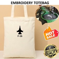 EMBROIDERY SULAM F-16 FIGHTING FALCON FIGHTER JET SILHOUETTE TACTICAL LOGO TOTE BAG CANVAS BEIGE