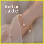 ◭  ⏑  ⏘ Ins Not Allergic Natural Hetian Jade Double Beads Bracelet + Bangle Set For Women -AOER