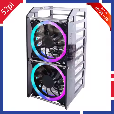 52Pi Rack Tower 8 Layer Acrylic Cluster Case Large Cooling Fan LED RGB Light for Raspberry Pi 4 B / 