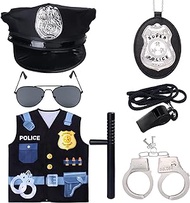 Kids Police Costume Set-7 Pcs Police Officer Dress Up for boys-Hat,Vest, Badge,Whistle,Sunglasses,Handcuff,Baton