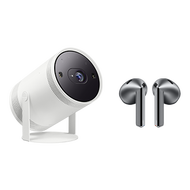 The Freestyle 2nd Gen LFF3CL Portable Projector (2023) and Galaxy Buds3