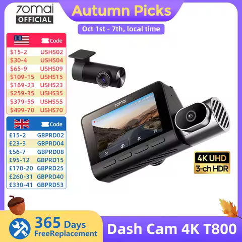 70mai Dash Cam 4K T800 with 4G Module UP04 Supercapacitor 3-Channel HDR Wifi 6 GPS Remote Control Re