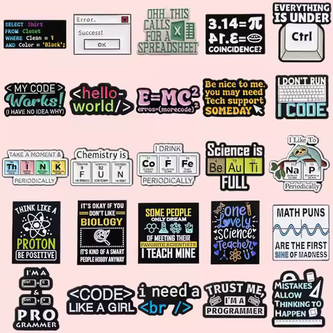 Creative Code E=MC Enamel Pins Programmer Keyboard Chemistry Periodic Table World Coffee Book Metal 