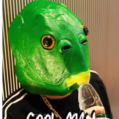 1pc Funky Green Fish Head Mask, Silica Gel Novelty Animal Costume Accessory | Unisex Meme Themed Pra