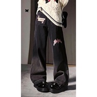 Fat mm American Retro Letter Embroidered Jeans Women Plus Size Autumn Niche Fleece Warm All-Match Wi