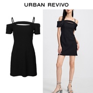 URBAN REVIVO Dress black knited Sling Dress Fashion High-End  Design Retro Classy  Pleated Strapless Sexy Dress Women