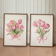 Tulip Duo Artwork, Pink Bow Wall Decoration, Pink Interior Design, Frameless Watercolor Wall Art, Li