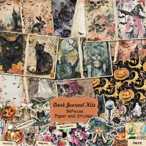 JAIIMAN96pieces(paper+sticker) Dark Gothic Style Halloween Junk Journal Kits,for Arts Crafts,Scrapbo
