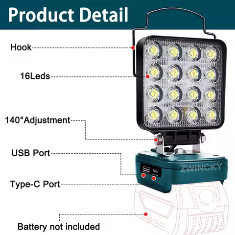 For Bosch 18V Li-ion Battery 48W LED Working Light With Type C USB Hook Portable Emergency Lamp Outd