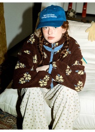 odd maker花朵羊羔毛立領毛絨短外套女仿羊羔毛復古寬松休閒上衣